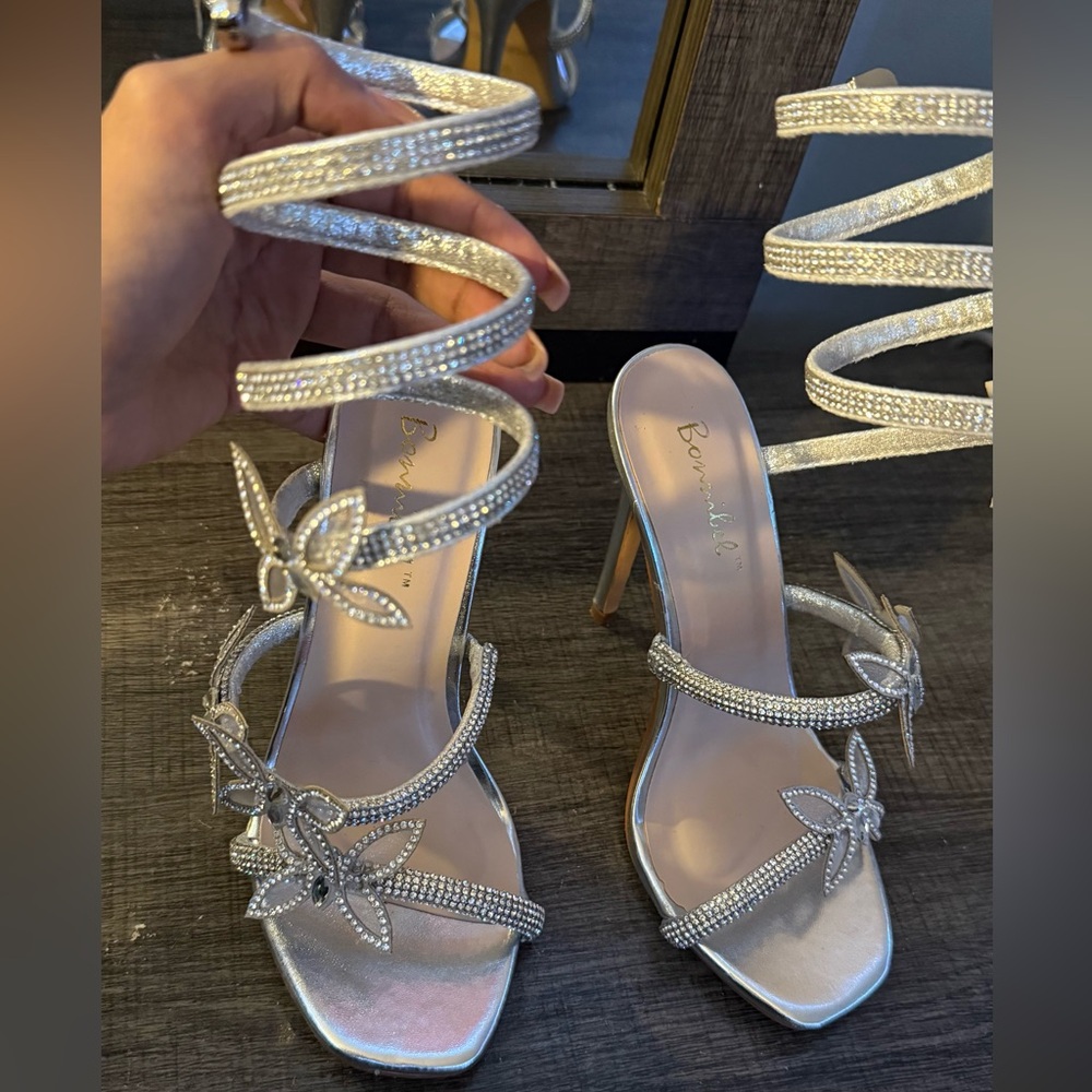 Bebe Silver Rhinestone Butterfly Heels - Picture 2 of 5